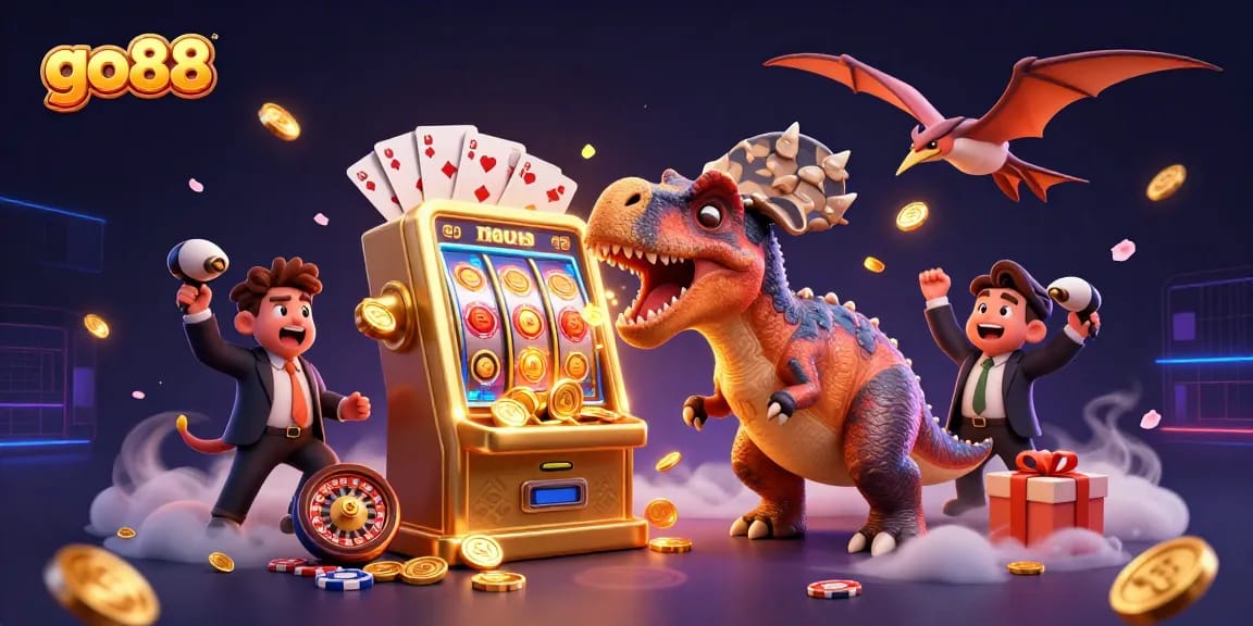go88 casino scene with a pachycephalosaurus, jackpot slot machine, and flying coins