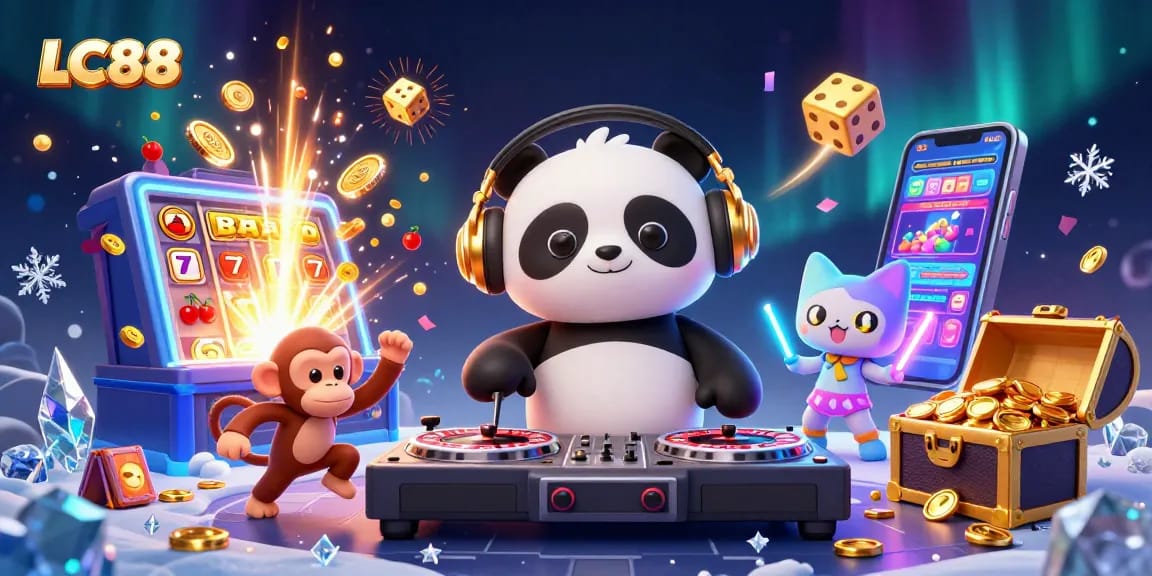LC88 offers a vibrant casino experience in this lively 3D illustration with dazzling characters and game elements.