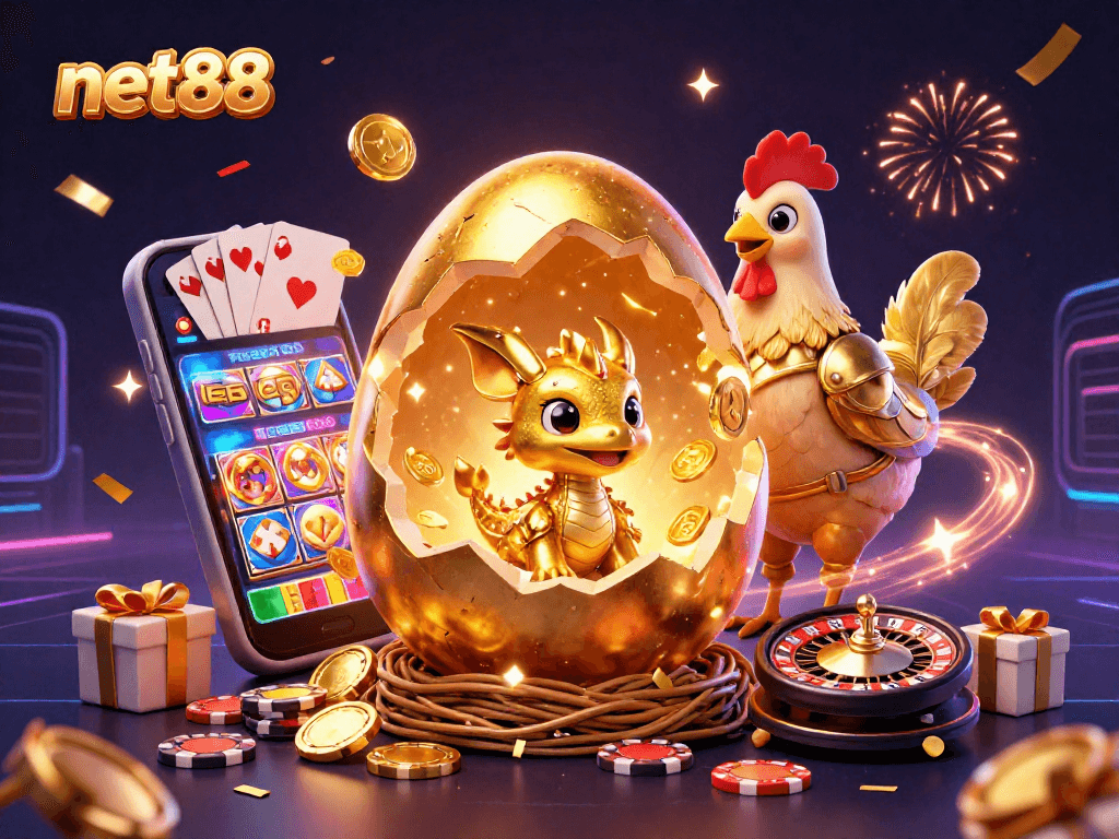 Experience the thrill of winning with net88's colorful casino scene featuring a golden dragon and gaming elements.