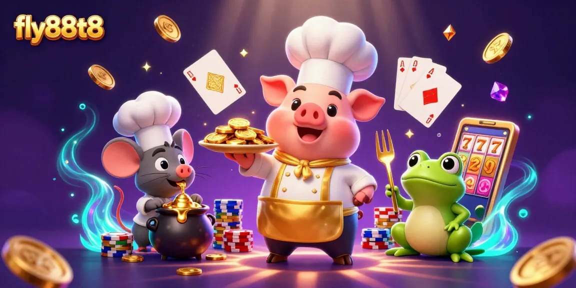 Experience the thrill of fly88t8 with a pig chef serving gold coins amid vibrant casino elements.