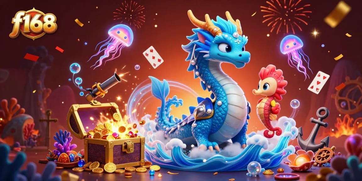 Experience thrilling f168 casino adventures with a vibrant underwater scene featuring a water dragon and treasures.