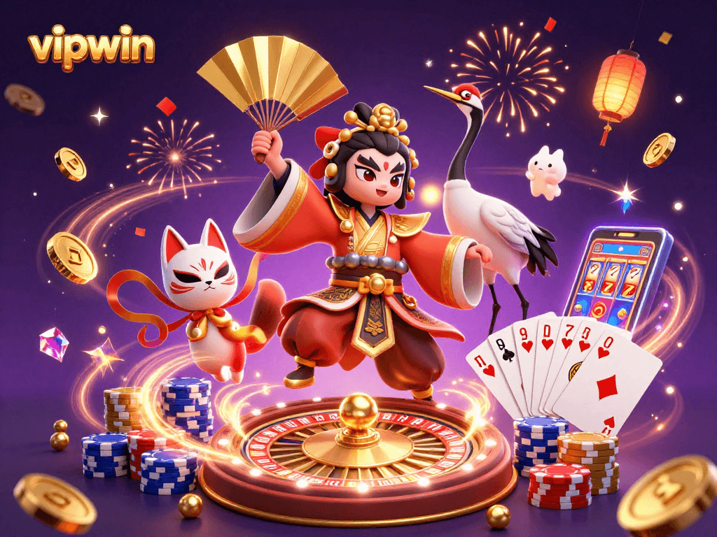Engage in thrilling gaming at vipwin, featuring vibrant characters, coins, and dynamic casino elements.