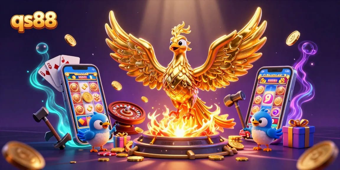 Spin to win with qs88 at the dynamic casino featuring a molten golden phoenix and vibrant game elements.