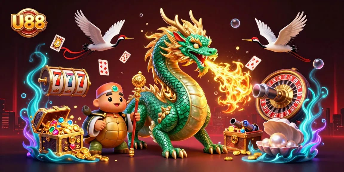 Engage in exhilarating gameplay at U88, featuring dynamic 3D characters in a vibrant casino scene.