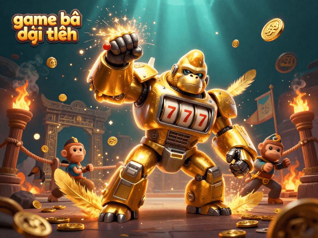 Engage with game bài đổi thưởng featuring a dynamic golden gorilla mech and coins exploding in a rich casino atmosphere.