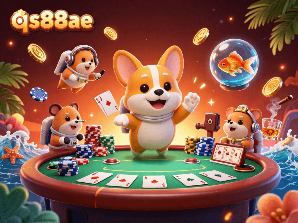 Win big with qs88ae in a vibrant 3D casino scene featuring animated characters and gambling elements.