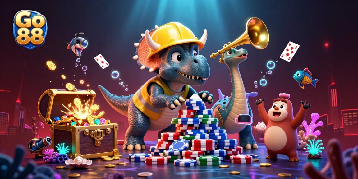 Go 88 brings excitement with a triceratops building poker chips amid underwater treasures.