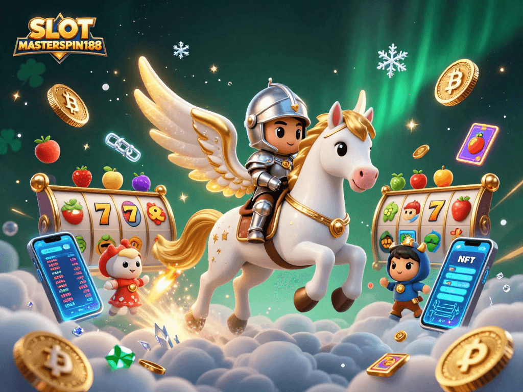 Experience enchanting gameplay with SLOT MASTERSPIN188 as a celestial knight rides a magical horse amidst vivid slot symbols.