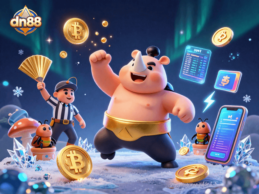 Experience dn88 with this vibrant illustration showcasing a sumo beetle champion amidst flying coins and crypto elements.