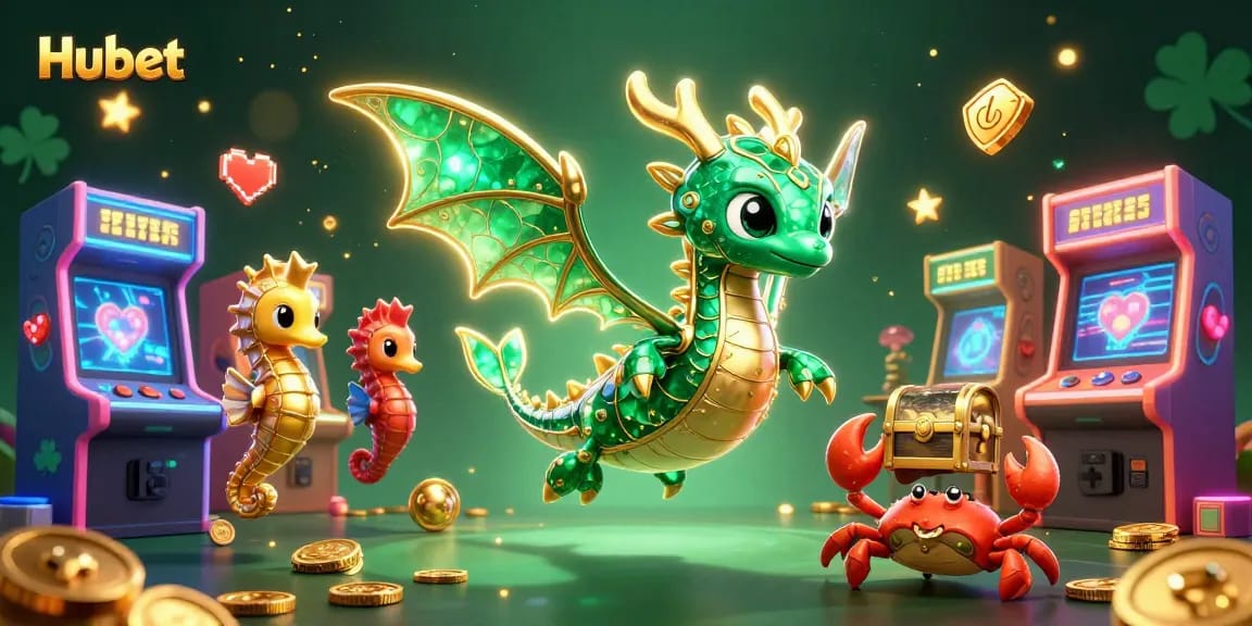 Engage with Hubet's vibrant 3D gaming universe featuring a leafy sea dragon and arcade elements.