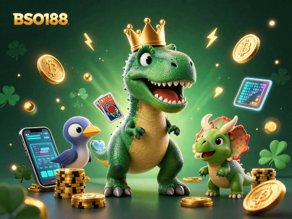 Engage with BSO188 while enjoying a lively casino scene with cartoon dinosaurs and crypto elements.