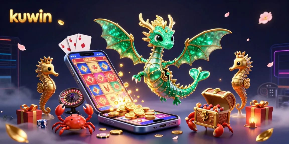 Kuwin showcases an enchanting 3D casino scene with a sea dragon, treasure chest, and vibrant gambling elements.