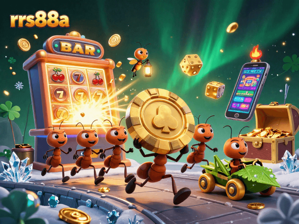 Experience the excitement of rrs88a with a heist scene of ants carrying a giant poker chip amidst casino games.
