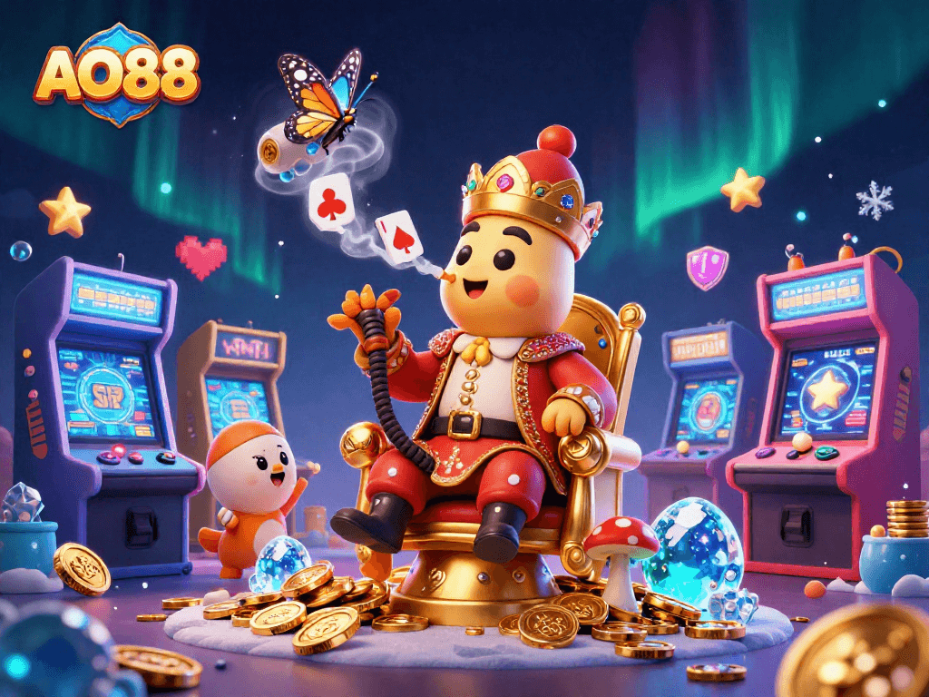 Enjoy thrilling gambling experiences with AO88, featuring an imaginative 3D casino scene with vibrant gaming elements.