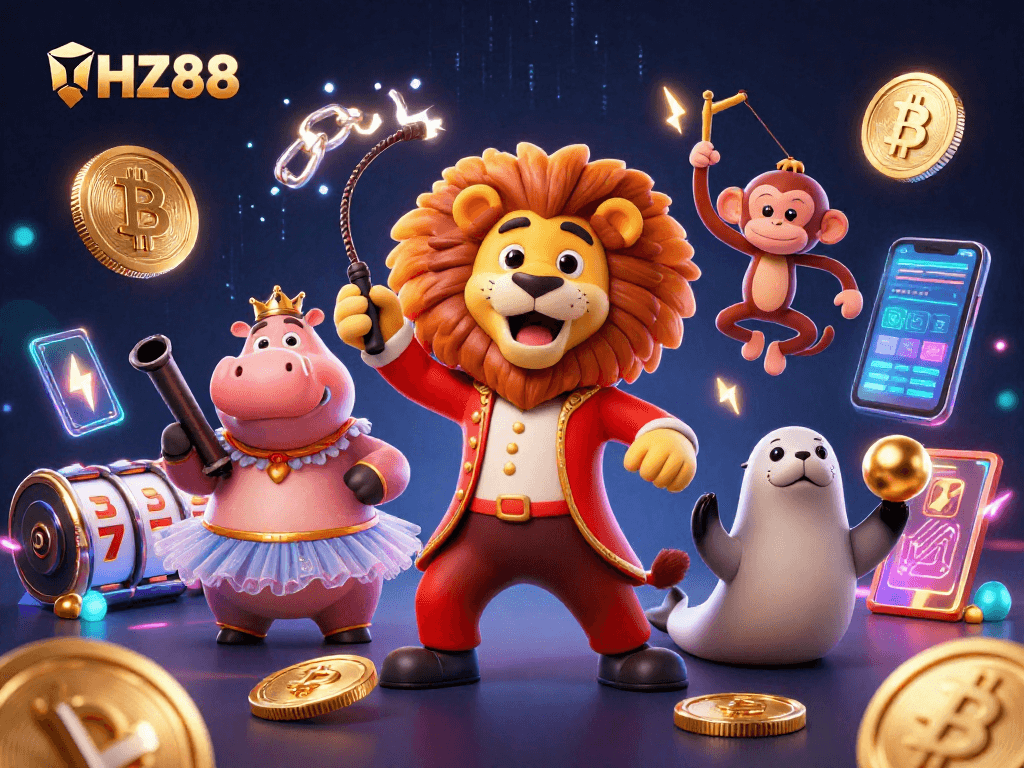 Join the excitement at HZ88 with a vibrant 3D circus-themed casino illustration featuring dynamic characters and gaming elements.