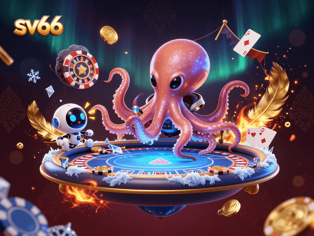 Experience thrilling gaming with the sv66 alien octopus at a holographic poker table.
