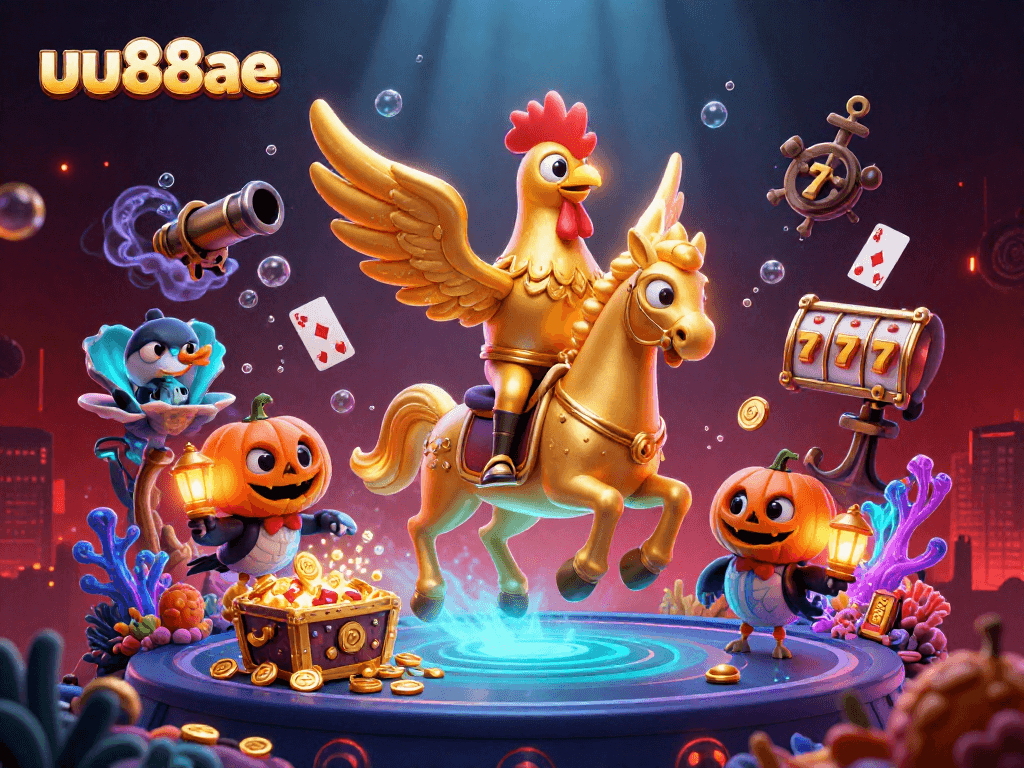 Experience the excitement of uu88ae with a dynamic 3D casino scene featuring a golden rooster and vibrant game elements.