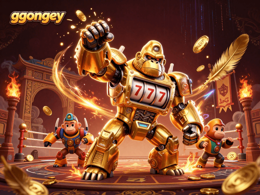 Experience thrilling wins at ggongey with a golden gorilla mech amidst dynamic casino elements.