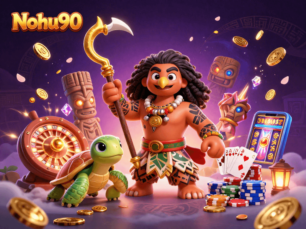 Nohu90 showcases vibrant casino excitement with a demigod hawk, turtle sidekick, and dynamic gambling elements.