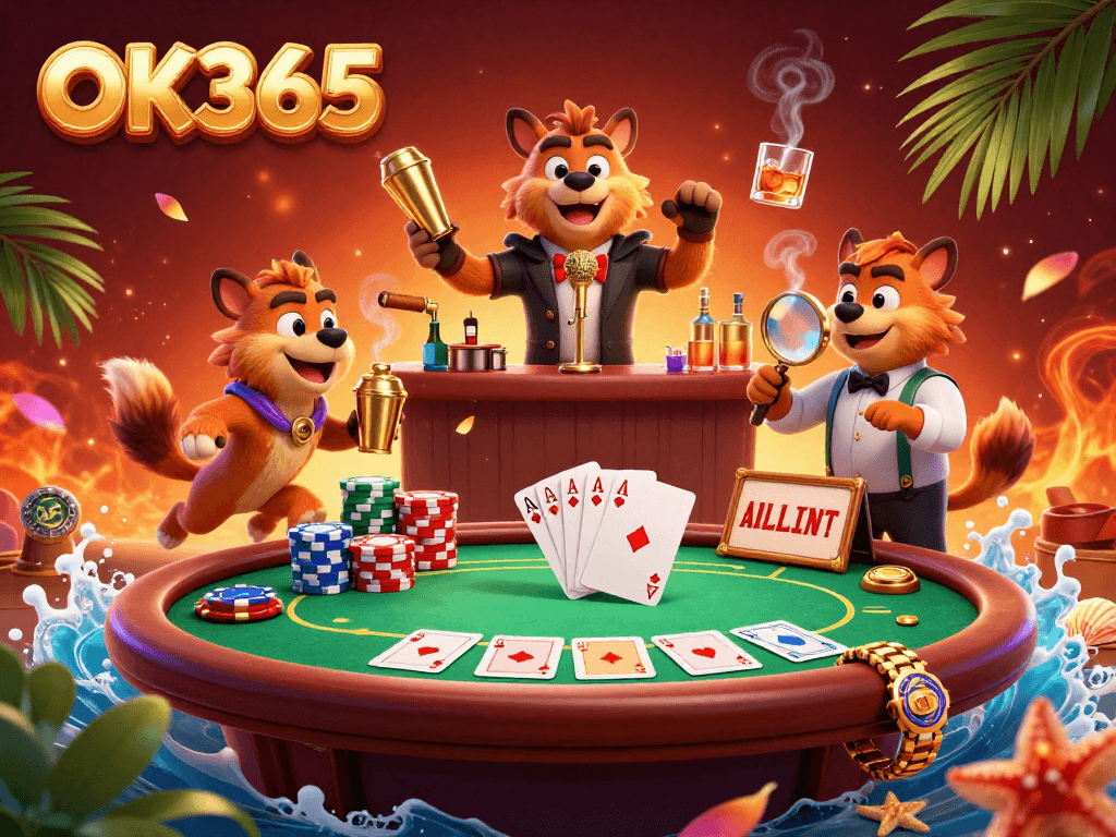 Experience the lively comedy scene at OK365 casino, featuring a stand-up hyena amidst vibrant gaming elements.