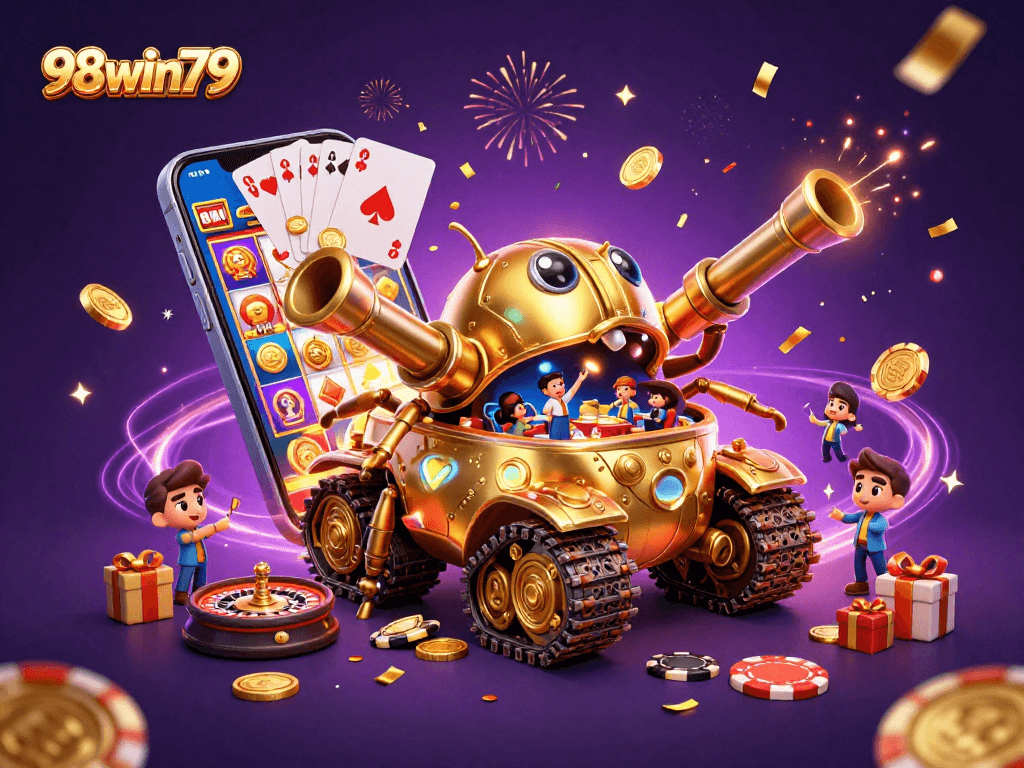Experience the thrill of gaming at 98win79 with a colorful casino scene bursting with excitement.