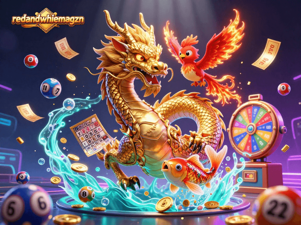 Engage with redandwhitemagzn's thrilling lottery action featuring a dragon, phoenix, and koi fish.