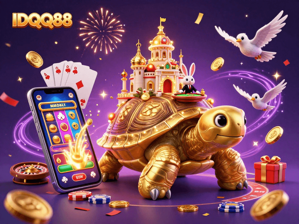 IDQQ88 showcases a thrilling 3D casino scene with a golden tortoise, rabbit dealer, and slot game excitement.