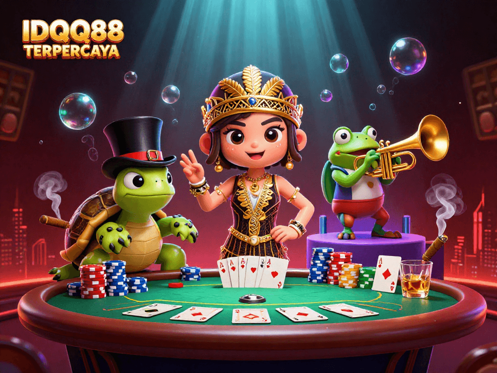 Experience IDQQ88 TERPERCAYA with lively characters and casino elements at a vibrant speakeasy.
