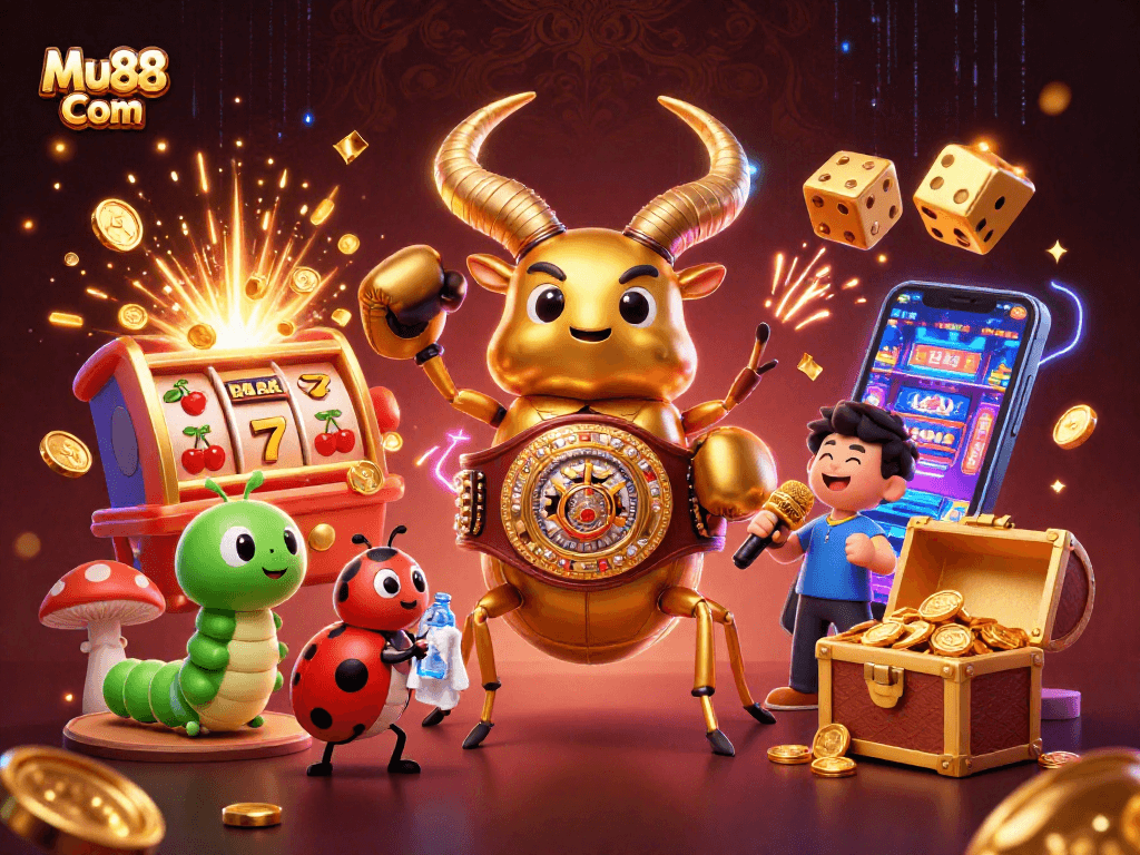 Bet on fun and excitement with Mu88 Com at a vibrant 3D cartoon casino scene.