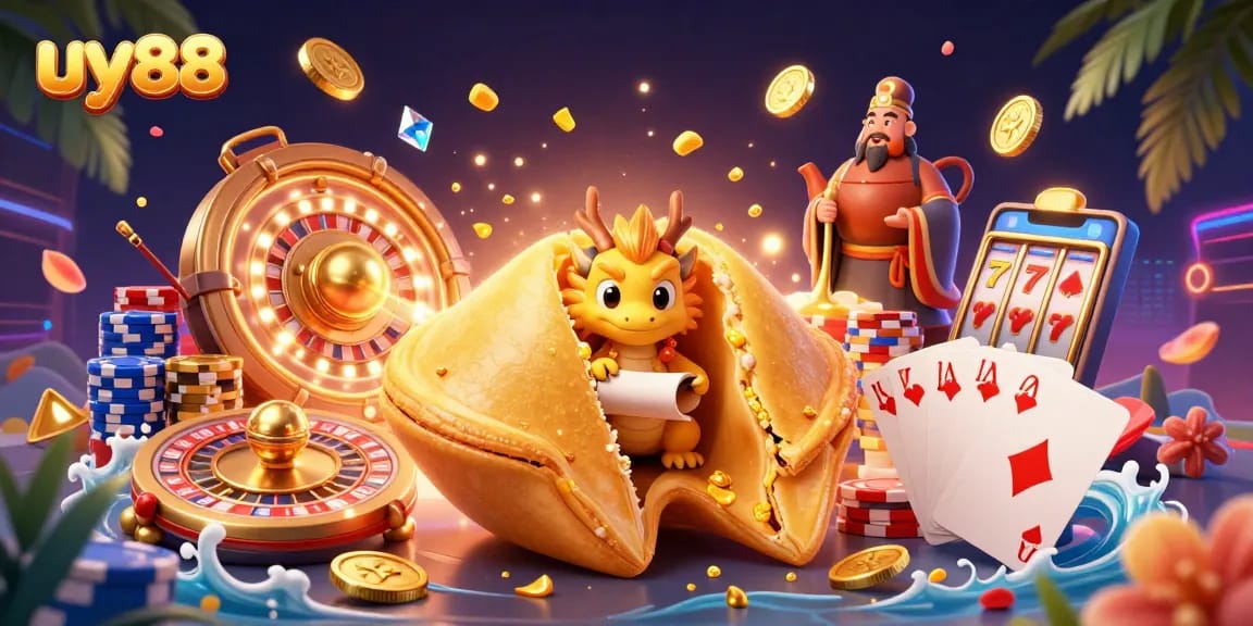 uy88 celebrates winnings with a vibrant scene filled with golden fortune cookies, coins, and casino elements