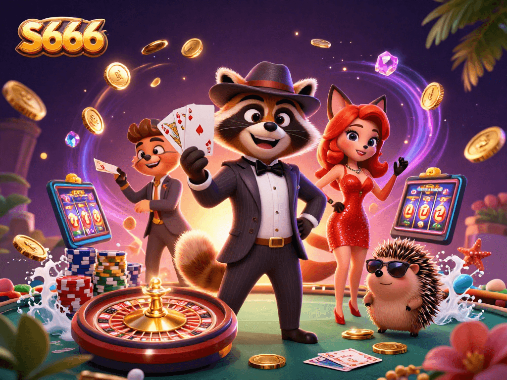 S666 engages players with vibrant casino action featuring a raccoon, fox, and hedgehog amidst glowing jackpots.