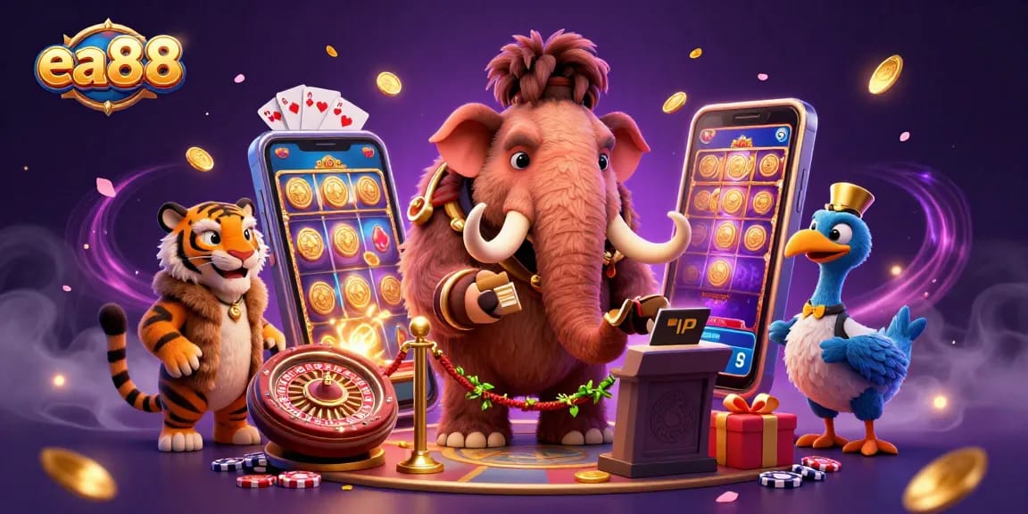 ea88 presents a lively casino scene with a mammoth bouncer, saber-tooth VIP, and dodo doorman amid an exciting gambling atmosphere.