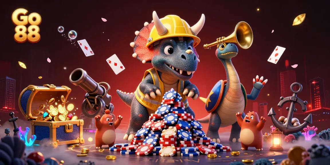 Celebrate at Go 88 with our vibrant casino-themed 3D illustration featuring animated dinosaurs and exciting game elements.