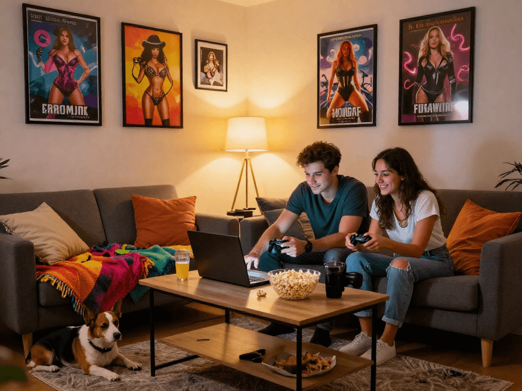 Couple enjoying a cozy evening playing a porno game together in a relaxed living room setting.