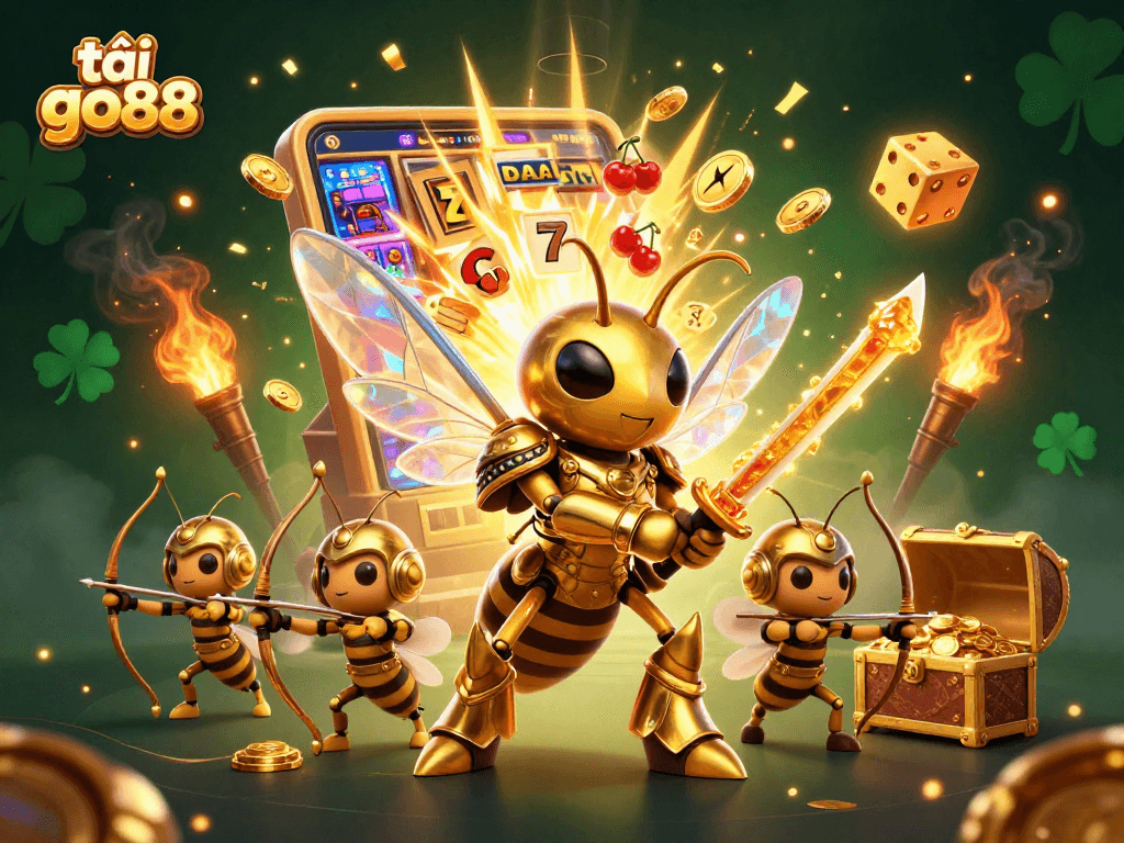 Experience the thrill with tải go88, as a giant golden hornet and bee archers engage in a vibrant casino explosion.