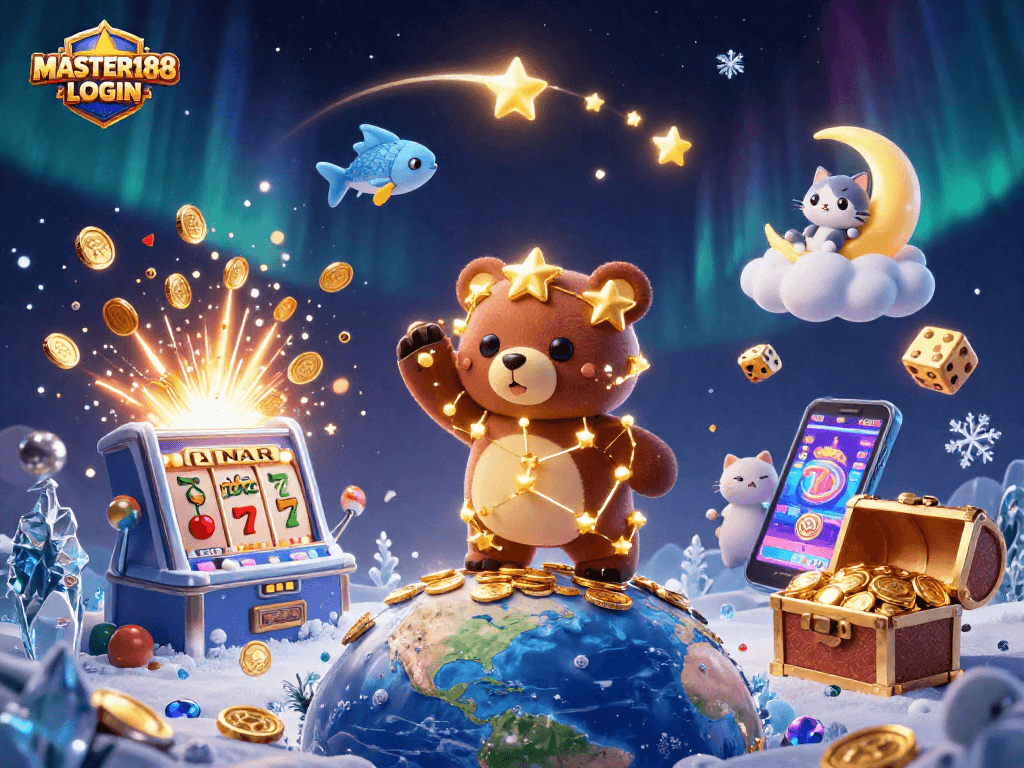 Experience the thrill of gameplay with MASTER188 LOGIN, featuring a vibrant casino scene full of dynamic symbols and characters.
