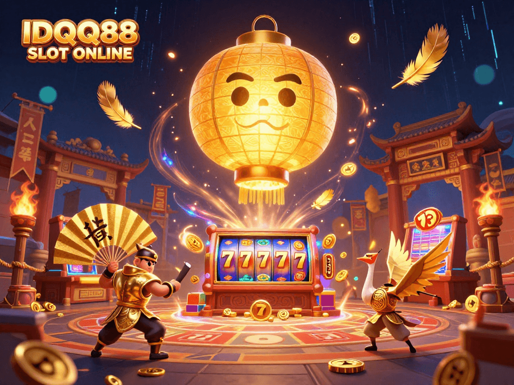 Engage with IDQQ88 SLOT ONLINE's vibrant scene featuring a golden lantern spirit, slot reels, and energetic casino elements.