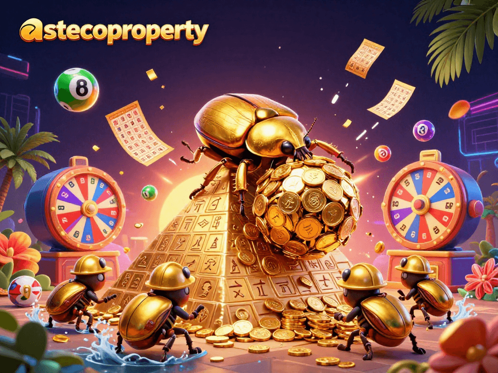 Experience exciting game payouts with astecoproperty's golden beetles rolling coins and vibrant lottery elements
