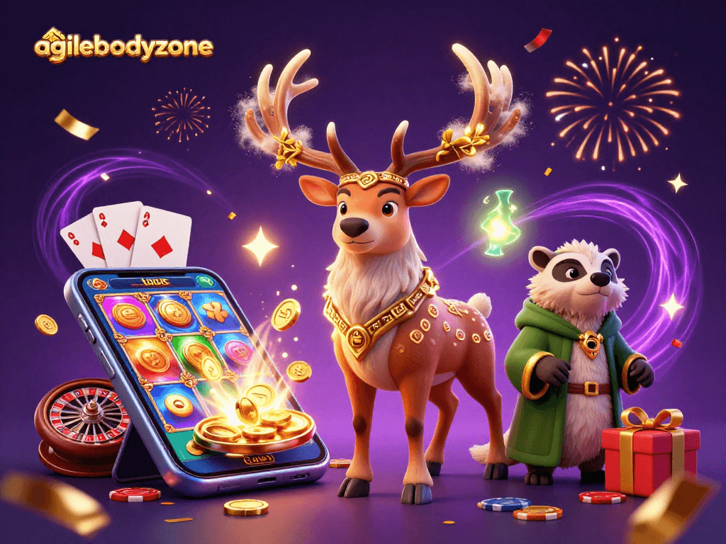 Experience thrilling wins at agilebodyzone with a vibrant 3D casino scene of fantasy characters.