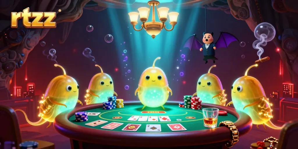 Light up your game with the rtzz glowworms at a vibrant casino, showcasing colorful poker chips and a bat dealer.