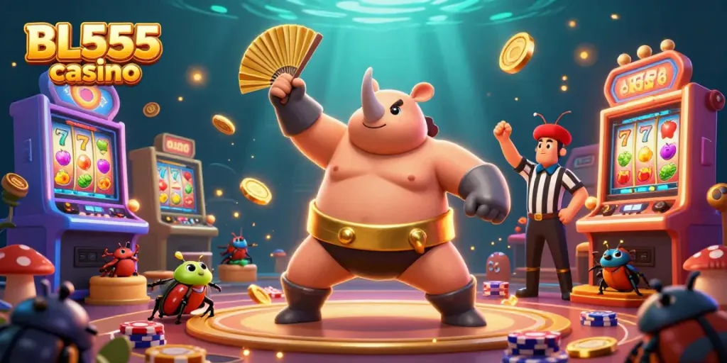 Experience thrilling moments at BL555 casino with vibrant slot machines and delightful characters.