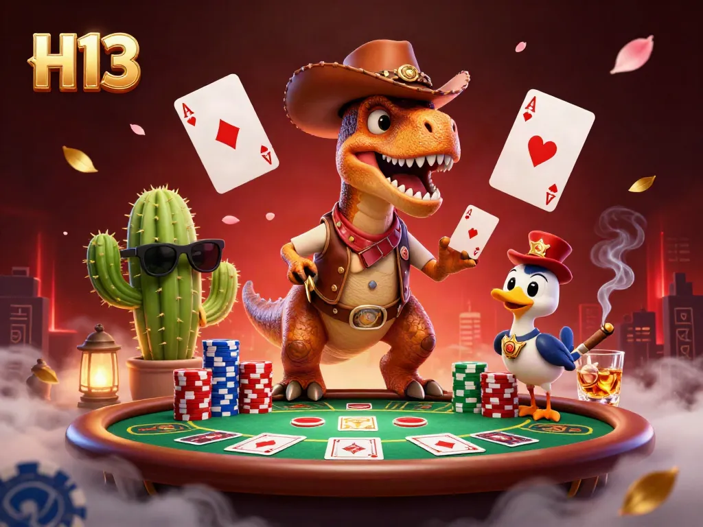 Engage in thrilling gaming with H13's vibrant 3D casino scene featuring unique characters and bold gambling elements.