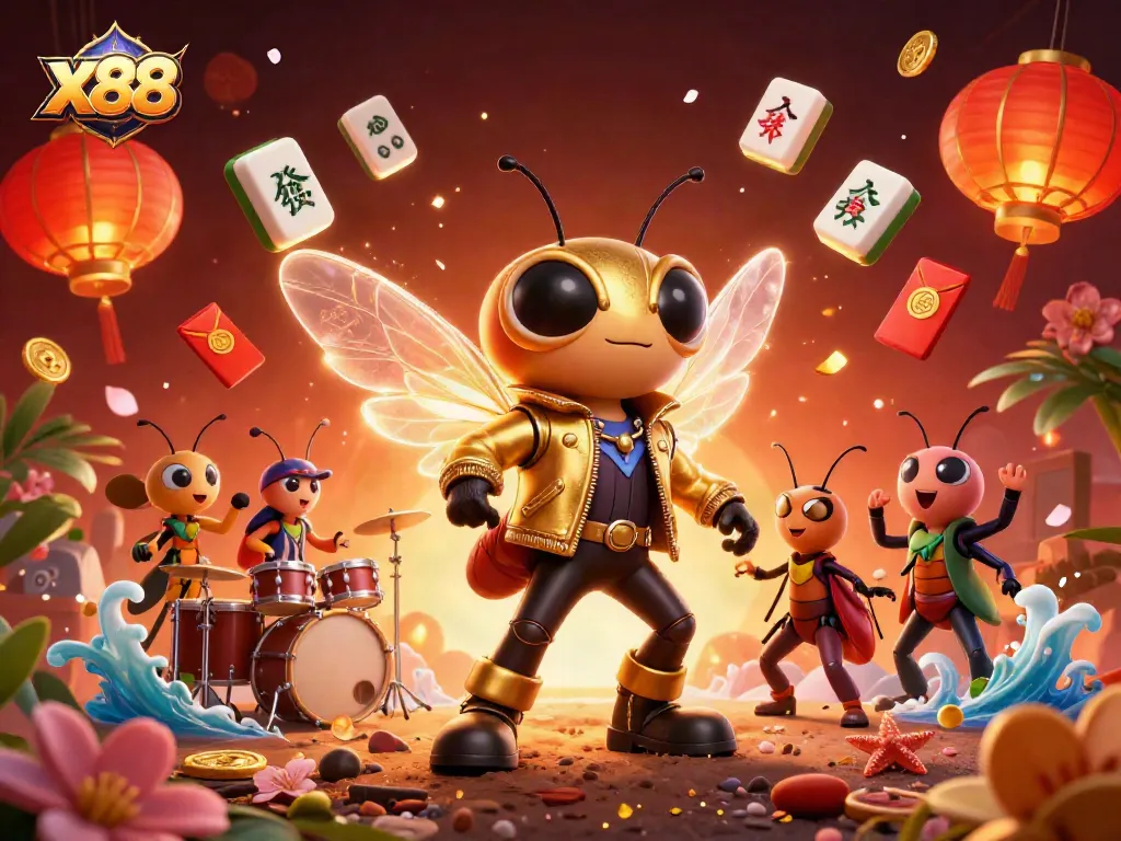 x88 brings excitement to the table with a vibrant casino scene featuring a cicada rock star, beetle drummer, and dynamic game elements.