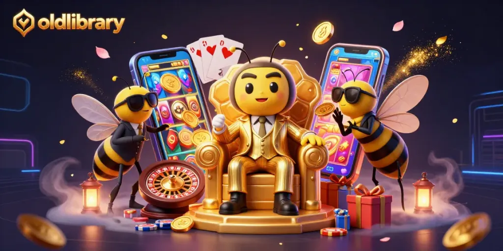 oldlibrary showcases a vibrant 3D casino scene with a bumblebee mob boss amidst golden coins and slot games