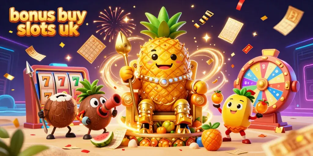 Engage with bonus buy slots uk featuring a 3D golden pineapple king and a vibrant casino scene.