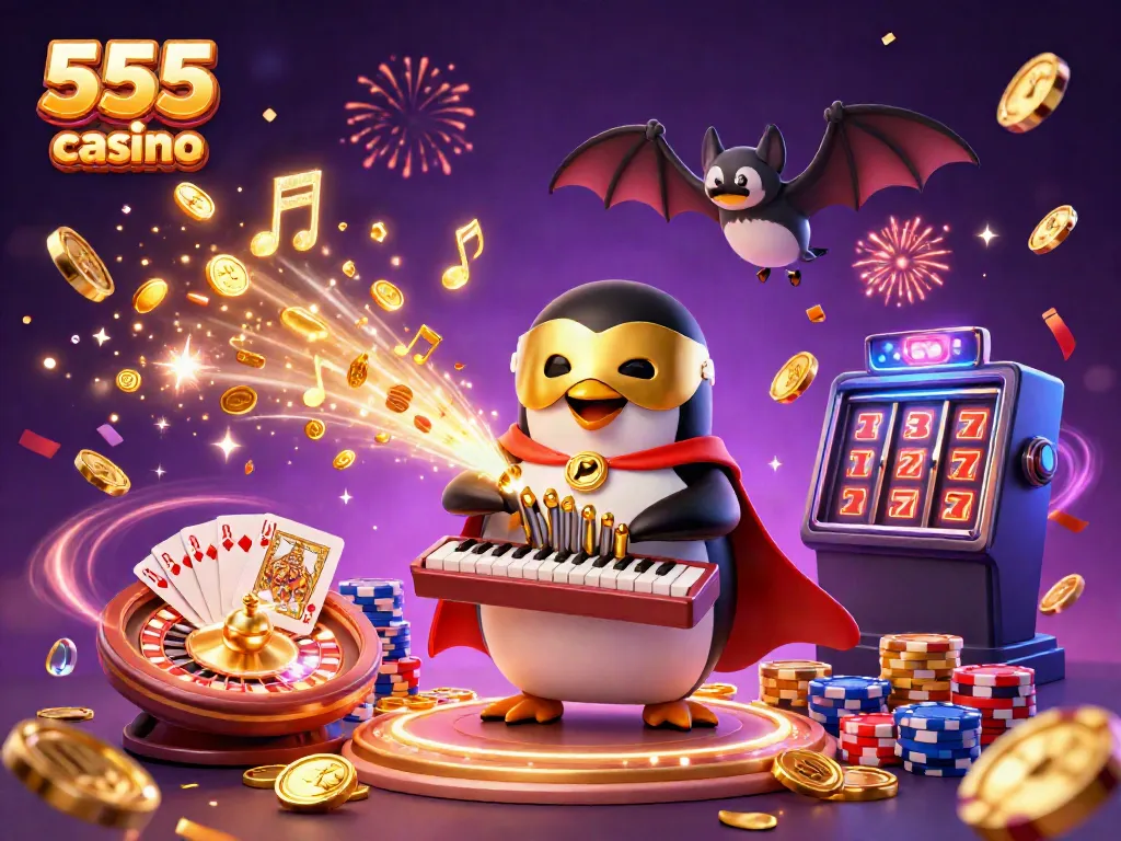 Experience the excitement of 555 win casino with animated characters, coins, and games bursting in a vibrant scene.