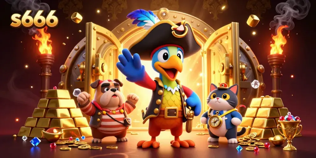 Engage with s666's thrilling casino adventure featuring treasure, characters, and luxurious gold elements.