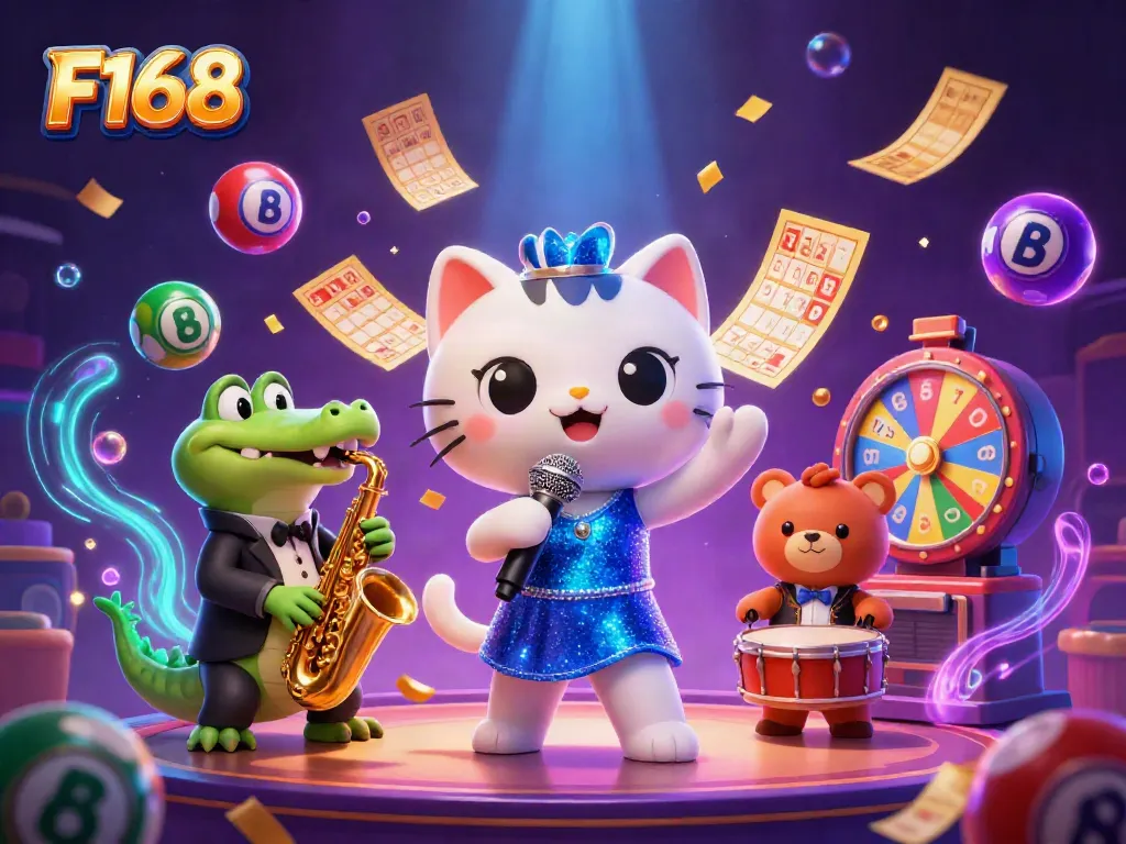 Experience the vibrant energy of F168 with its lively casino characters amidst a dynamic gaming scene