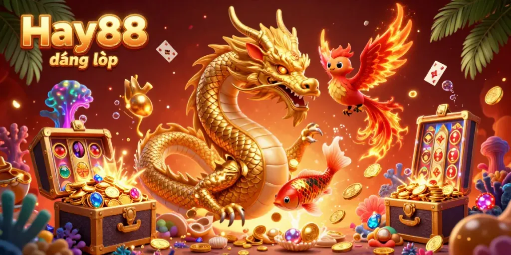 Experience thrilling gameplay with Hay88 đăng nhập, featuring a fierce golden dragon, phoenix, and koi fish surrounded by treasure and casino elements.