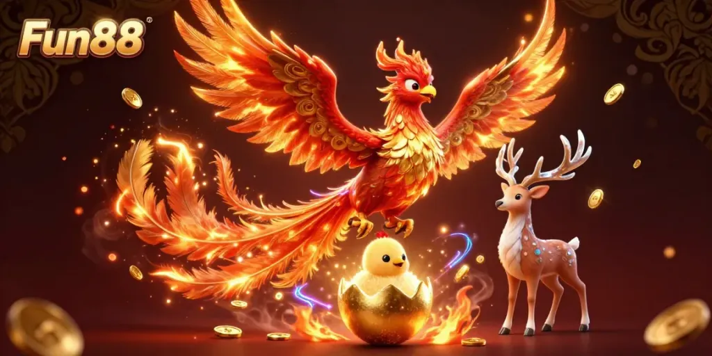 Experience Fun88's vibrant gaming world with a phoenix, golden egg, and mystical stag amidst swirling casino elements.